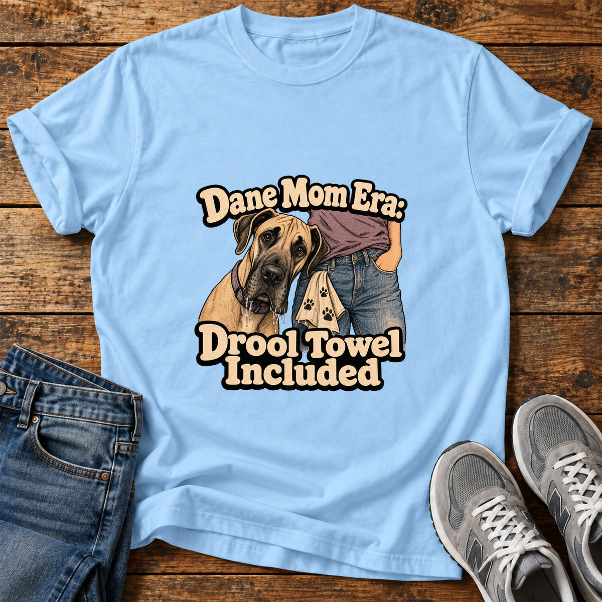 Drool Towel Included Great Dane graphic T-shirt in Light Blue, shown on a flat-lay shirt mockup
