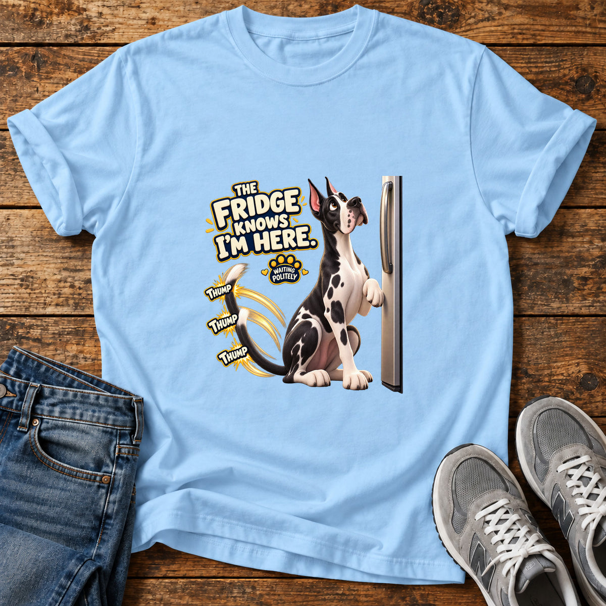 Fridge Dog Thump Great Dane graphic T-shirt in Light Blue, shown on a flat-lay shirt mockup