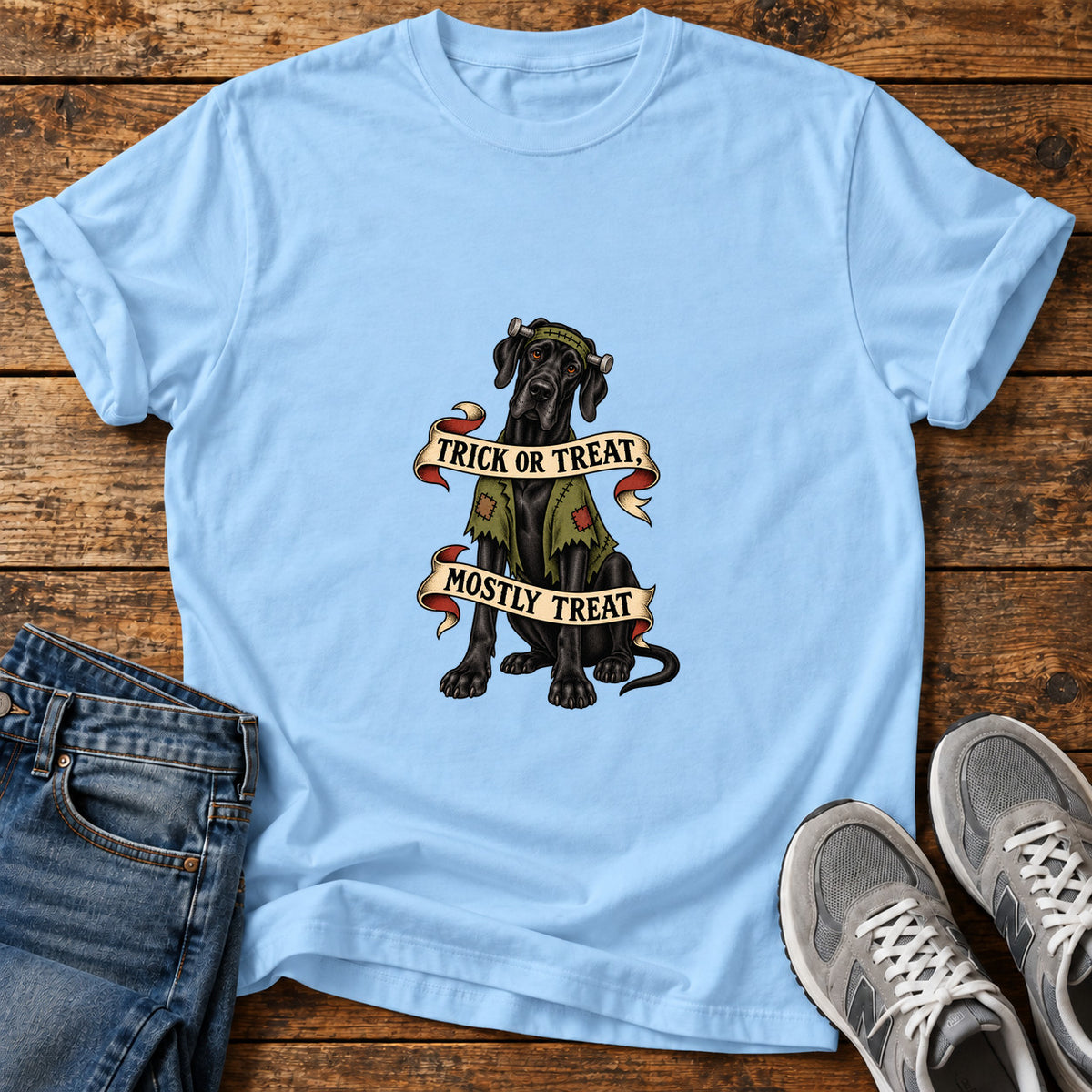 Mostly Treat Great Dane graphic T-shirt in Light Blue, shown on a flat-lay shirt mockup