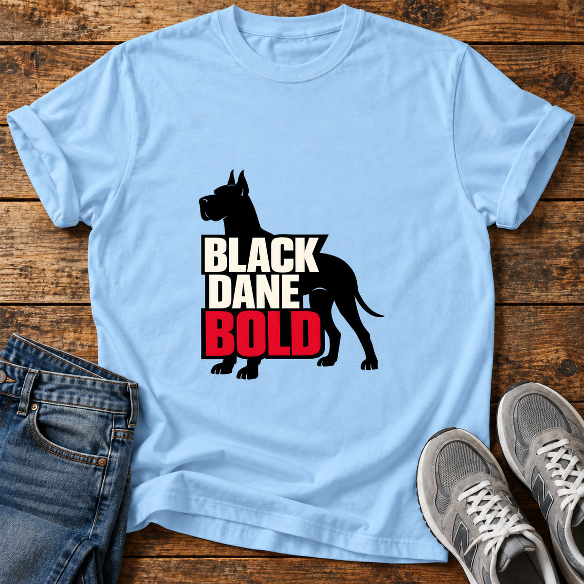Black Dane Bold Great Dane graphic T-shirt in Light Blue, shown on a flat-lay shirt mockup