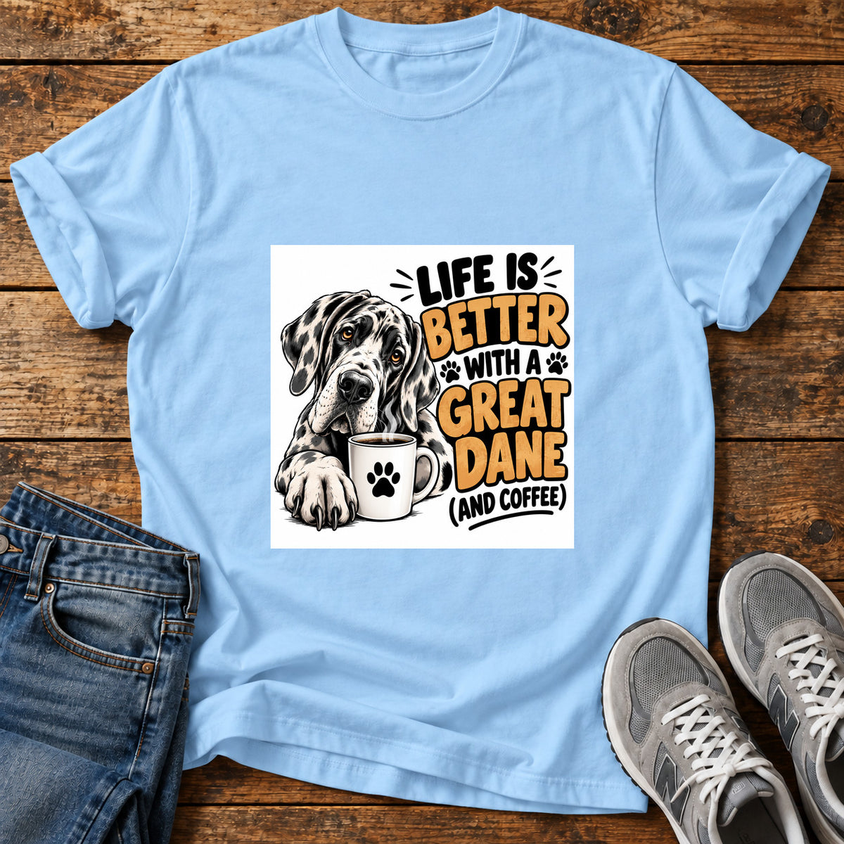 Great Dane Life graphic T-shirt in Light Blue, shown on a flat-lay shirt mockup