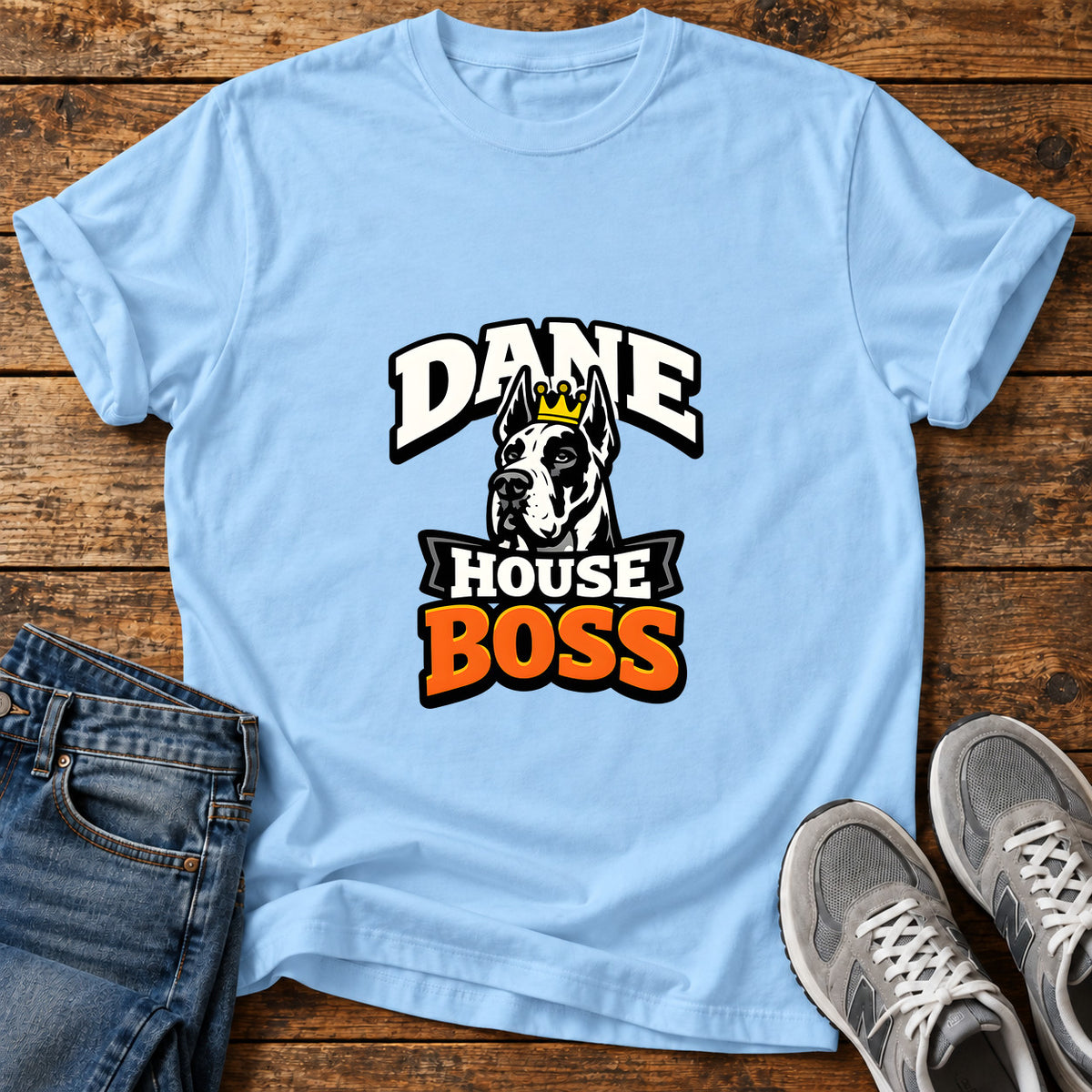 Dane House Boss Great Dane graphic T-shirt in Light Blue, shown on a flat-lay shirt mockup