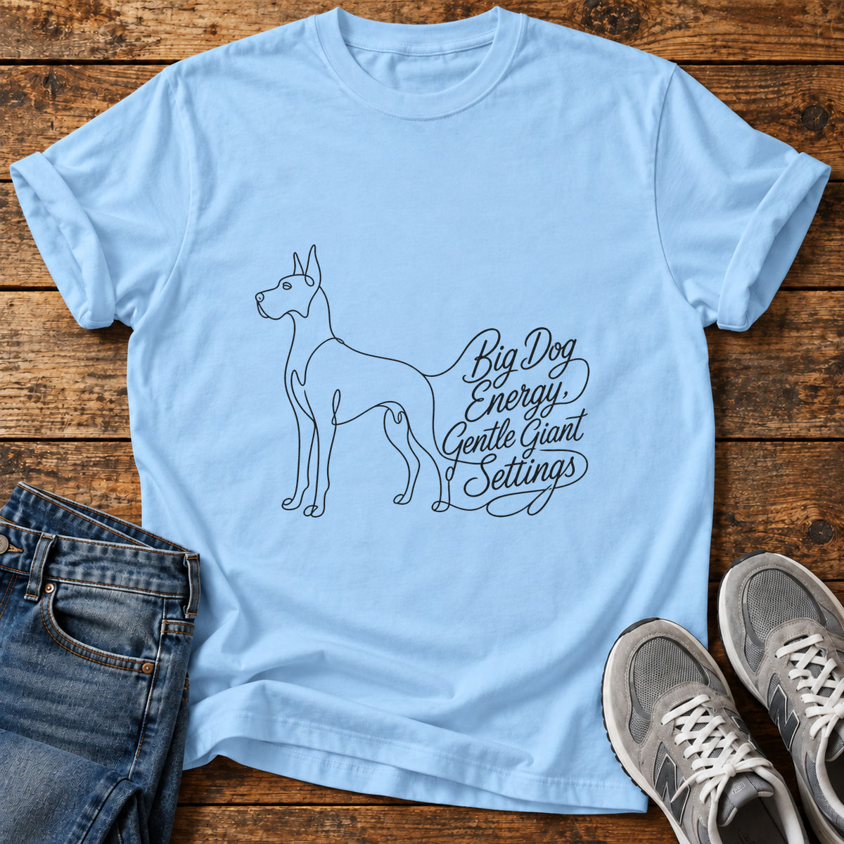 Big Dog Energy Great Dane graphic T-shirt in Light Blue, shown on a flat-lay shirt mockup