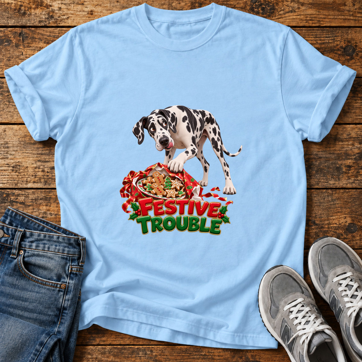 Festive Trouble Great Dane graphic T-shirt in Light Blue, shown on a flat-lay shirt mockup