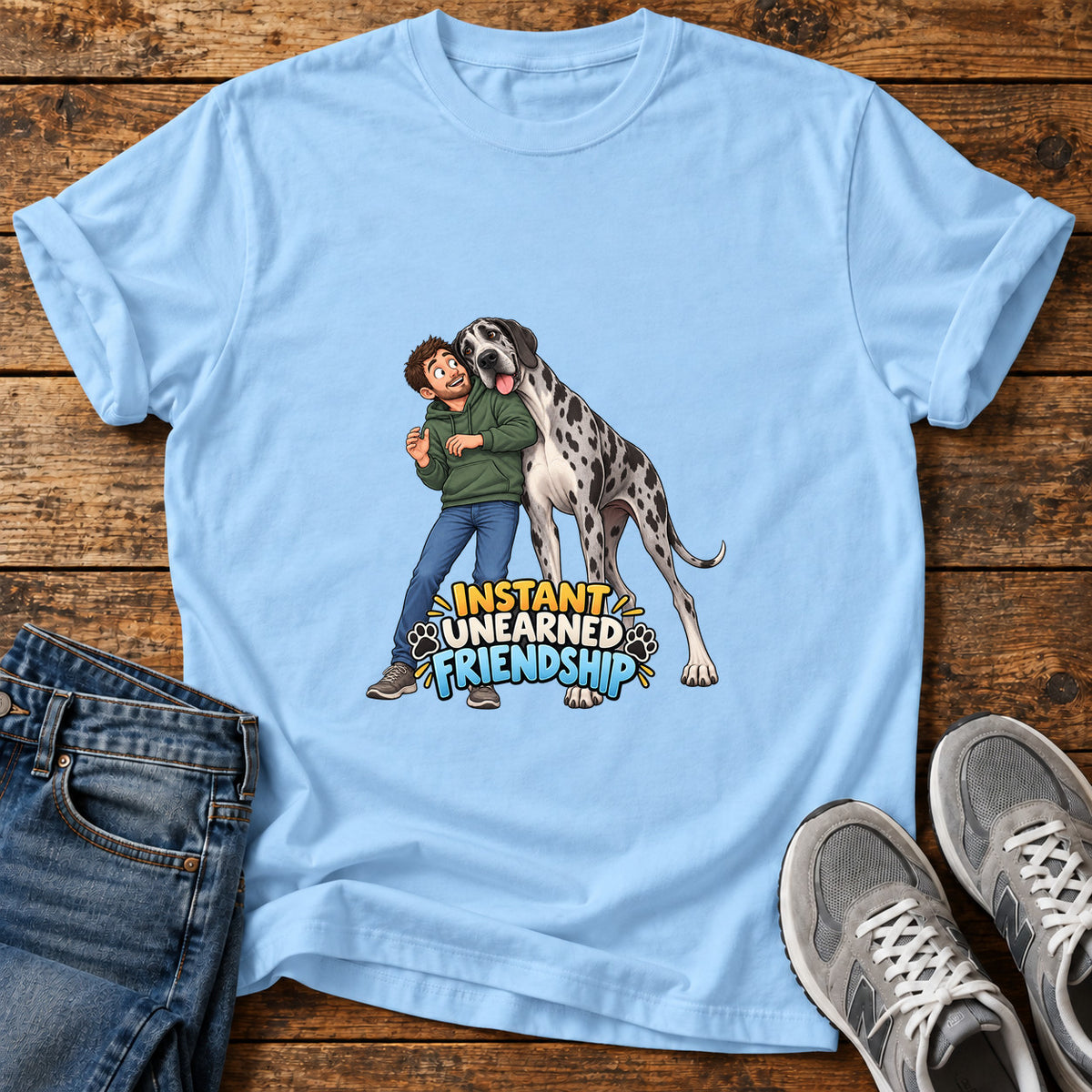 Instant Friendship Great Dane graphic T-shirt in Light Blue, shown on a flat-lay shirt mockup