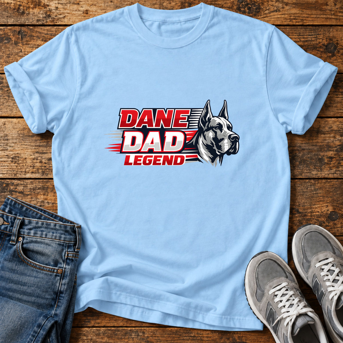 Dane Dad Legend Great Dane graphic T-shirt in Light Blue, shown on a flat-lay shirt mockup