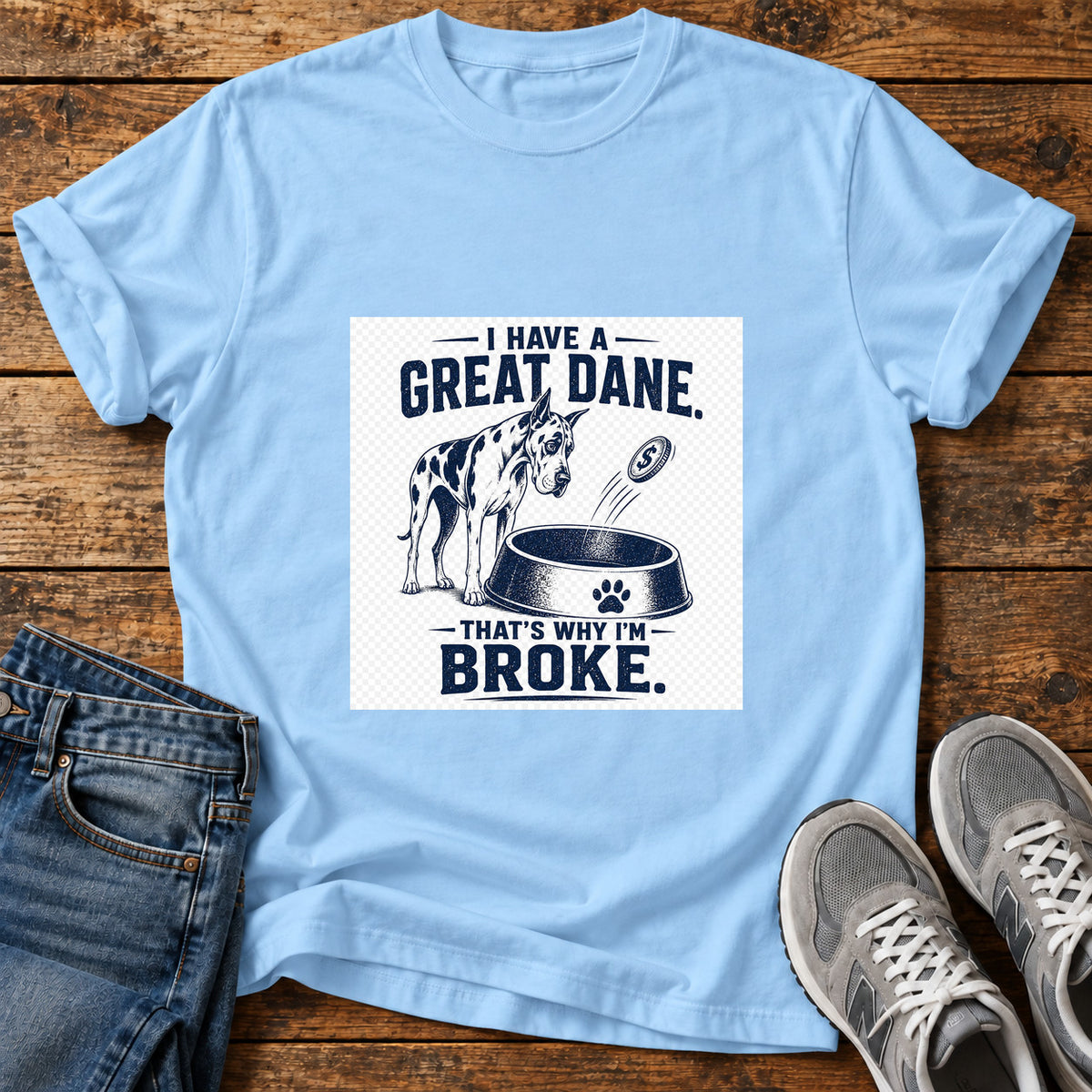 Great Dane Broke graphic T-shirt in Light Blue, shown on a flat-lay shirt mockup