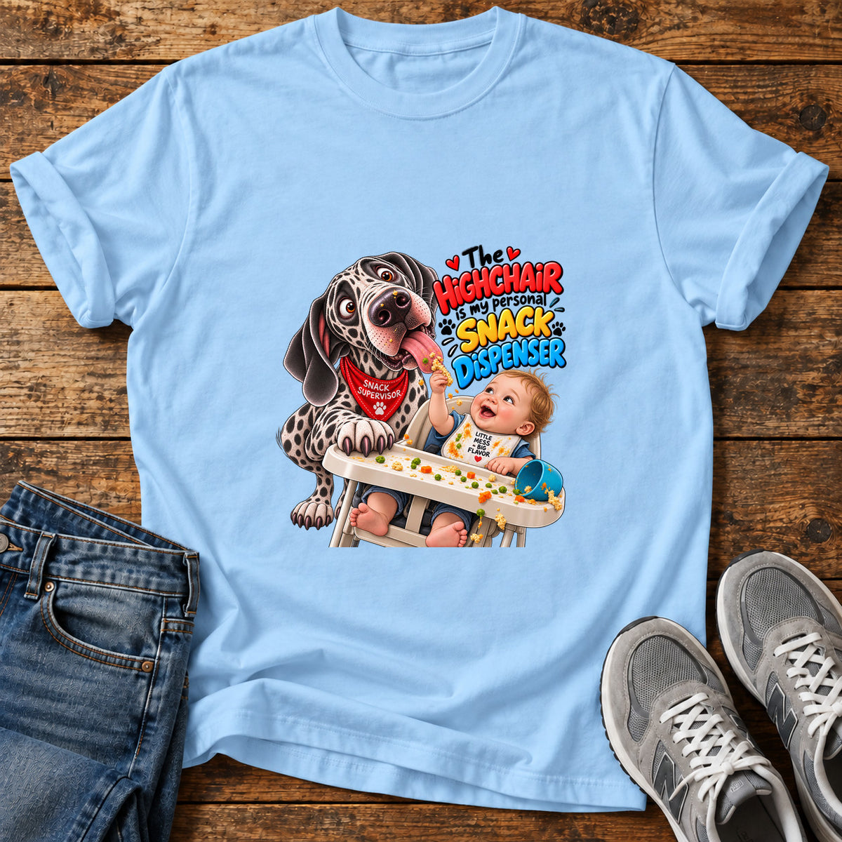 Highchair Snacktime Great Dane graphic T-shirt in Light Blue, shown on a flat-lay shirt mockup