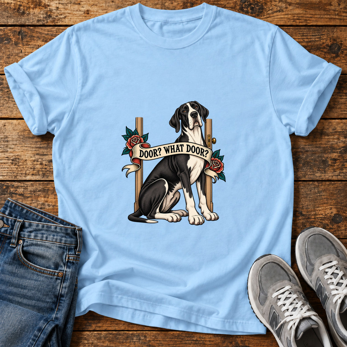 Door What Door Great Dane graphic T-shirt in Light Blue, shown on a flat-lay shirt mockup