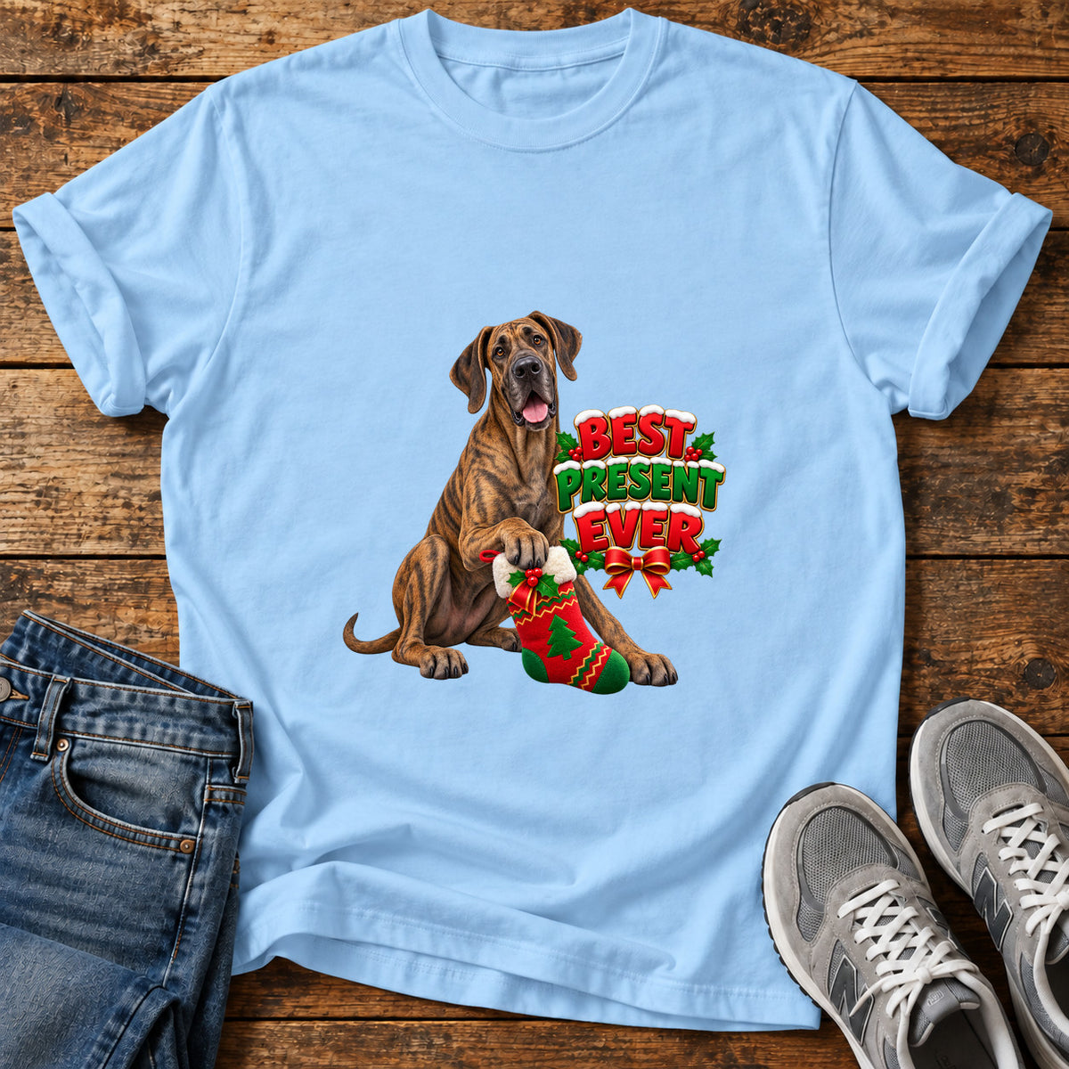 Best Present Paws Great Dane graphic T-shirt in Light Blue, shown on a flat-lay shirt mockup