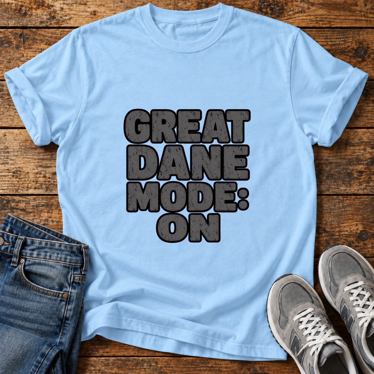 Great Dane Mode graphic T-shirt in Light Blue, shown on a flat-lay shirt mockup