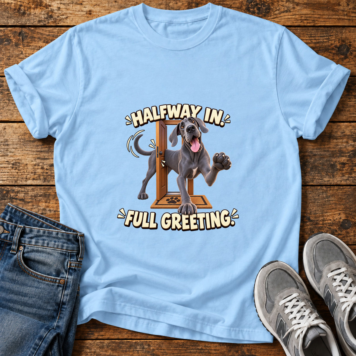 Halfway In Great Dane graphic T-shirt in Light Blue, shown on a flat-lay shirt mockup