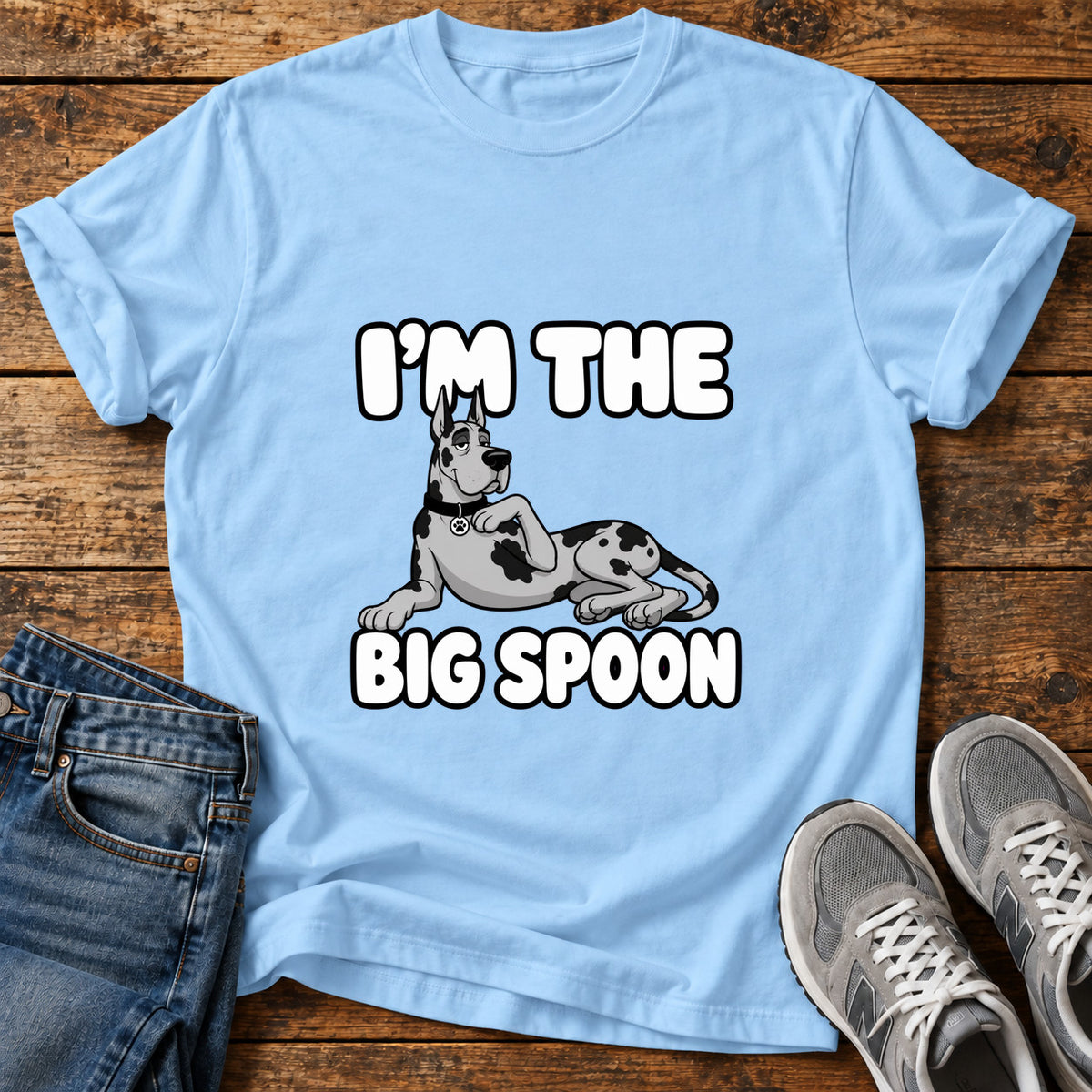 I'm The Big Great Dane graphic T-shirt in Light Blue, shown on a flat-lay shirt mockup