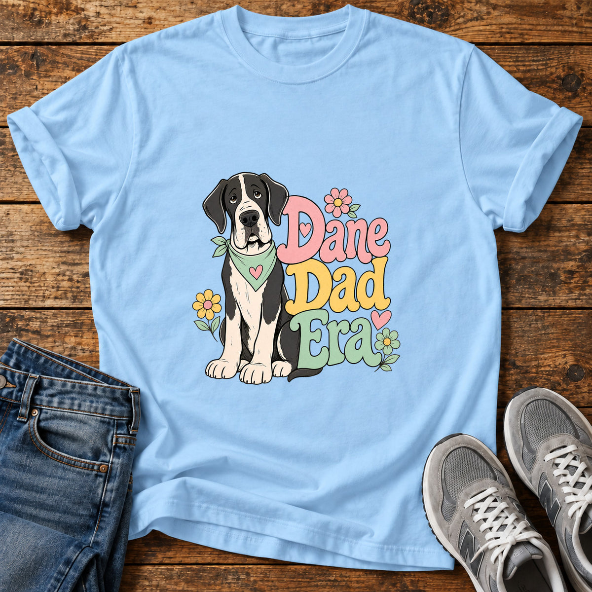 Dane Dad Era Great Dane graphic T-shirt in Light Blue, shown on a flat-lay shirt mockup
