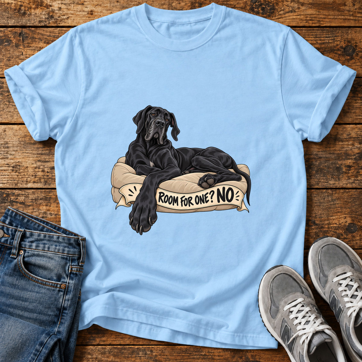 Room For One Great Dane graphic T-shirt in Light Blue, shown on a flat-lay shirt mockup