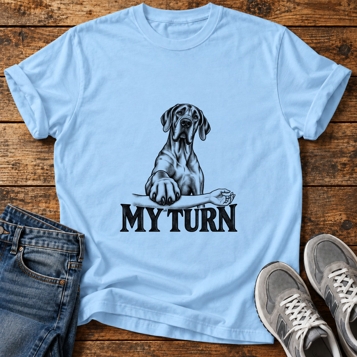 My Turn Great Dane graphic T-shirt in Light Blue, shown on a flat-lay shirt mockup