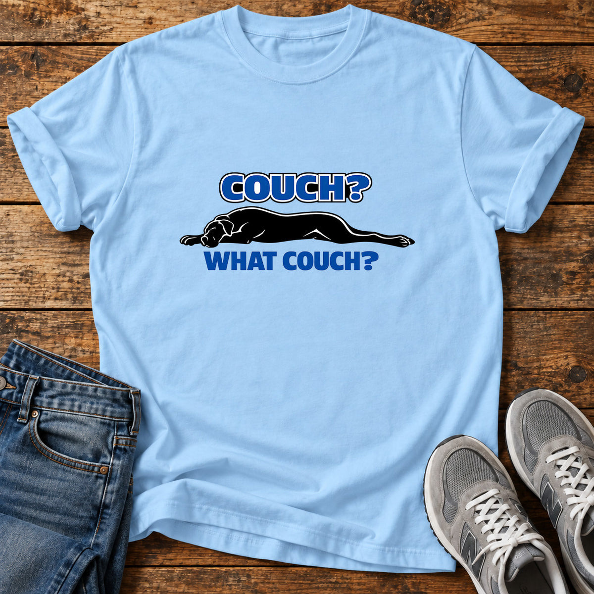 Couch What Couch Great Dane graphic T-shirt in Light Blue, shown on a flat-lay shirt mockup