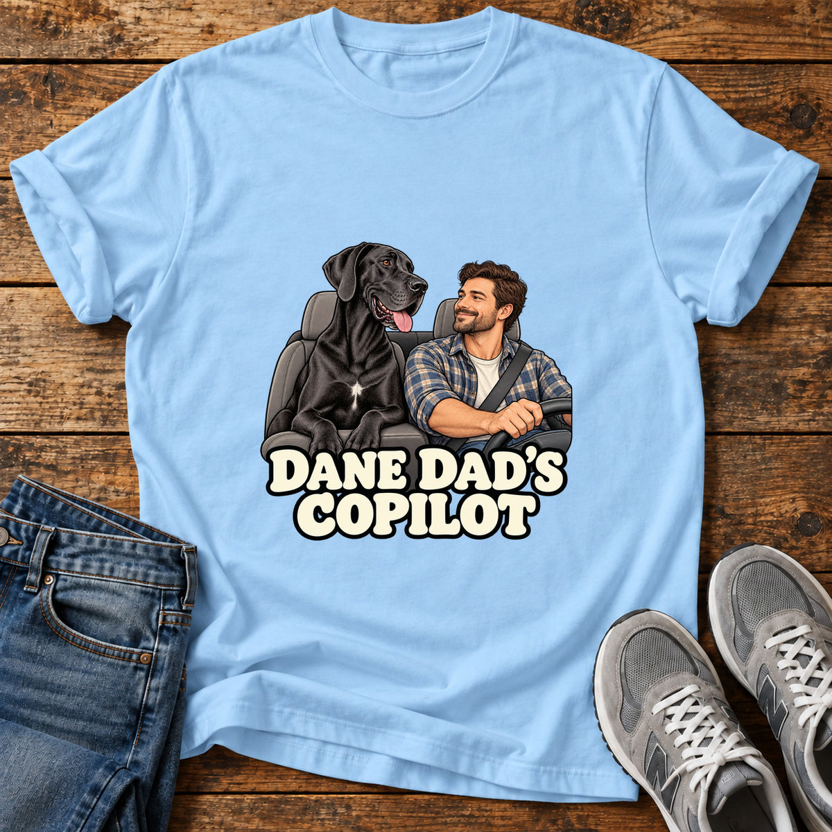 Dane Copilot Great Dane graphic T-shirt in Light Blue, shown on a flat-lay shirt mockup