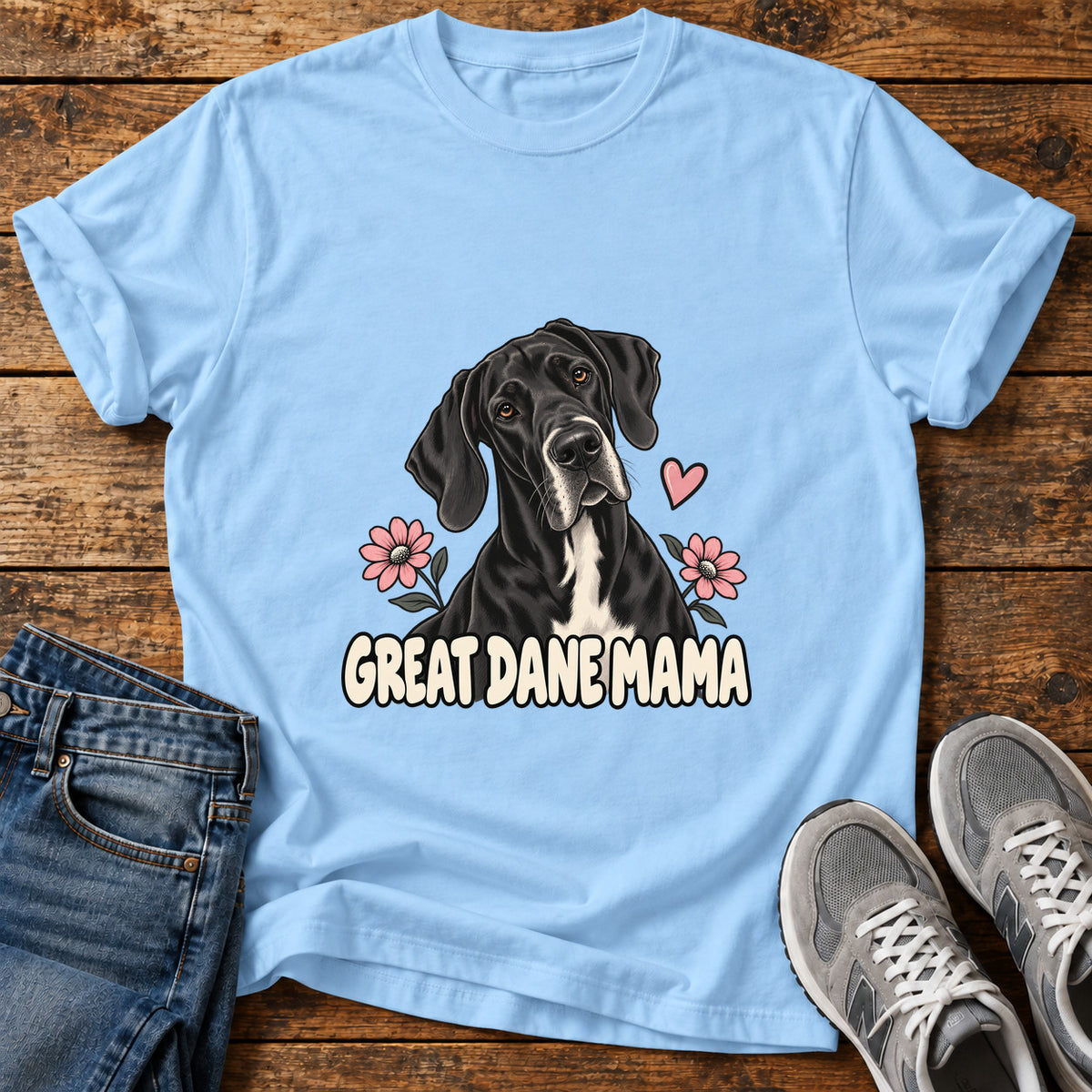 Great Dane Mama graphic T-shirt in Light Blue, shown on a flat-lay shirt mockup