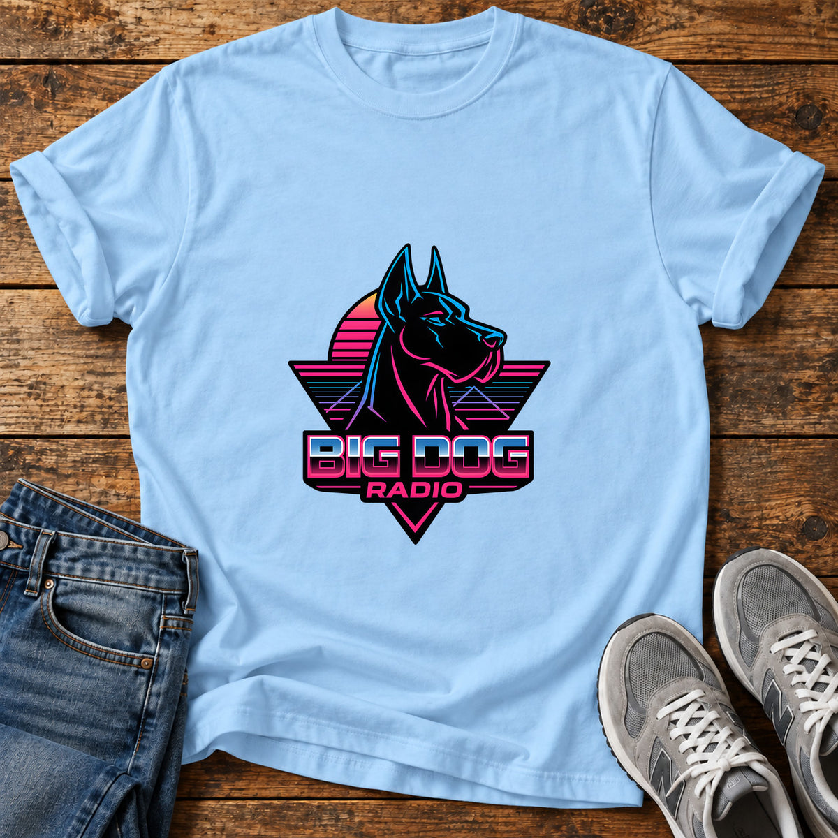 Big Dog Radio Great Dane graphic T-shirt in Light Blue, shown on a flat-lay shirt mockup