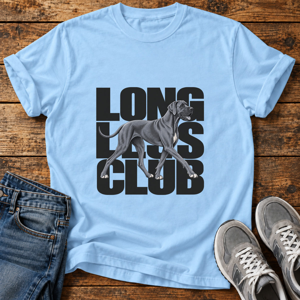 Long Legs Club Great Dane graphic T-shirt in Light Blue, shown on a flat-lay shirt mockup