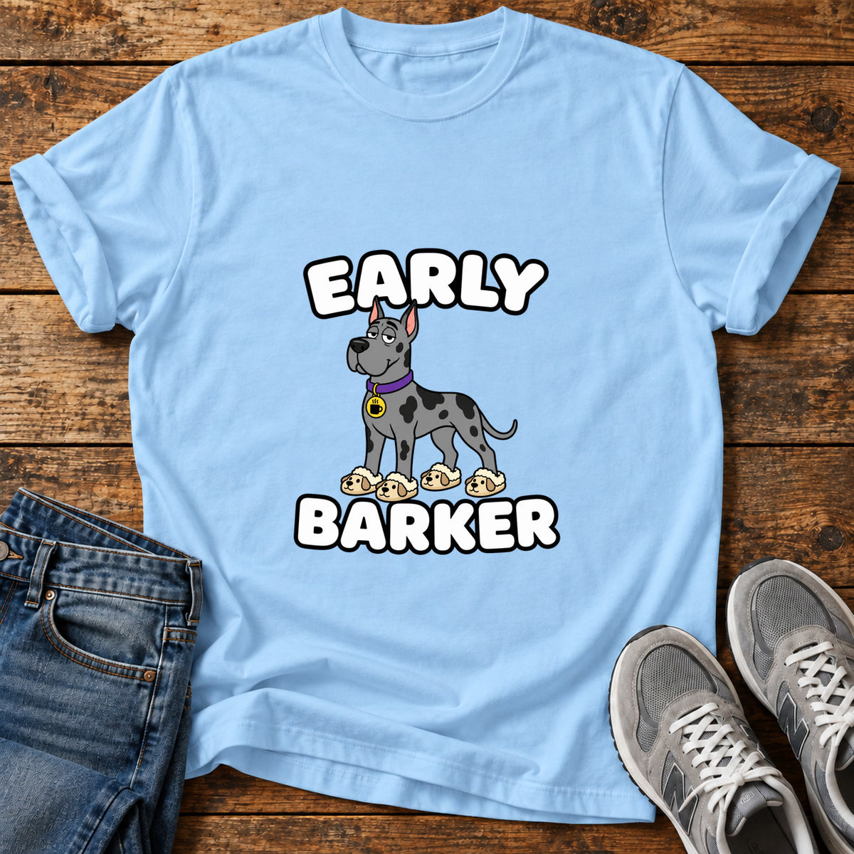 Early Barker Great Dane graphic T-shirt in Light Blue, shown on a flat-lay shirt mockup