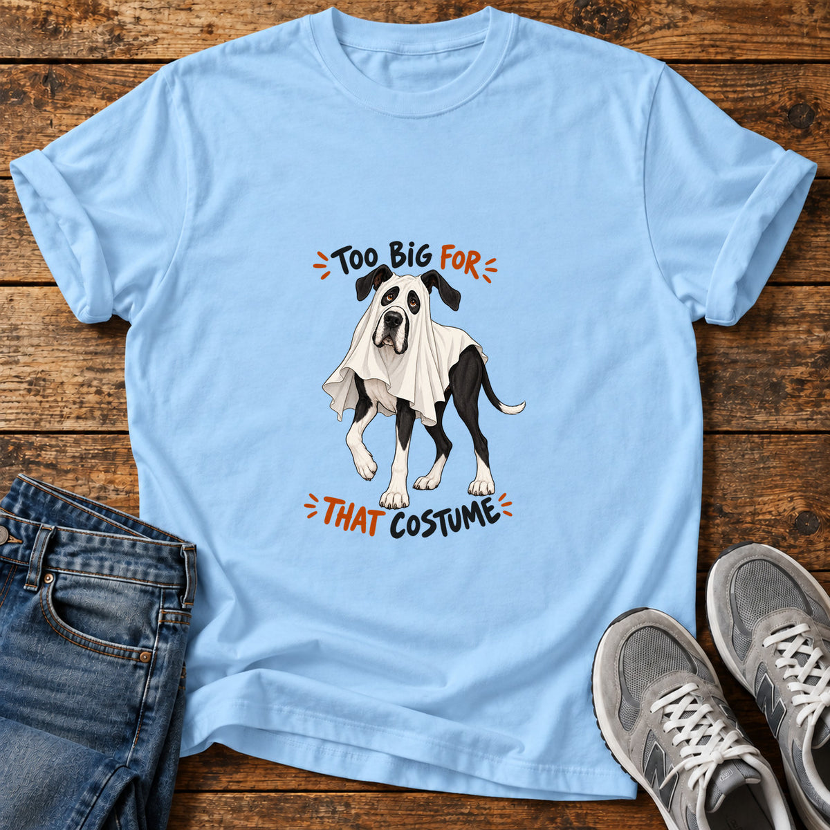 Too Big Costume Great Dane graphic T-shirt in Light Blue, shown on a flat-lay shirt mockup