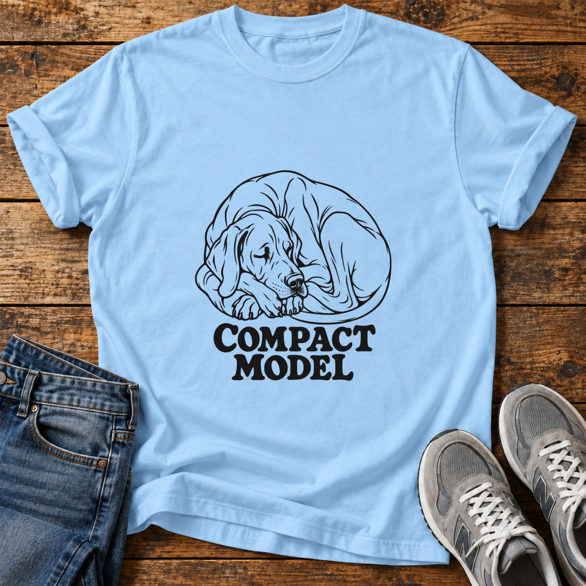 Compact Model Great Dane graphic T-shirt in Light Blue, shown on a flat-lay shirt mockup