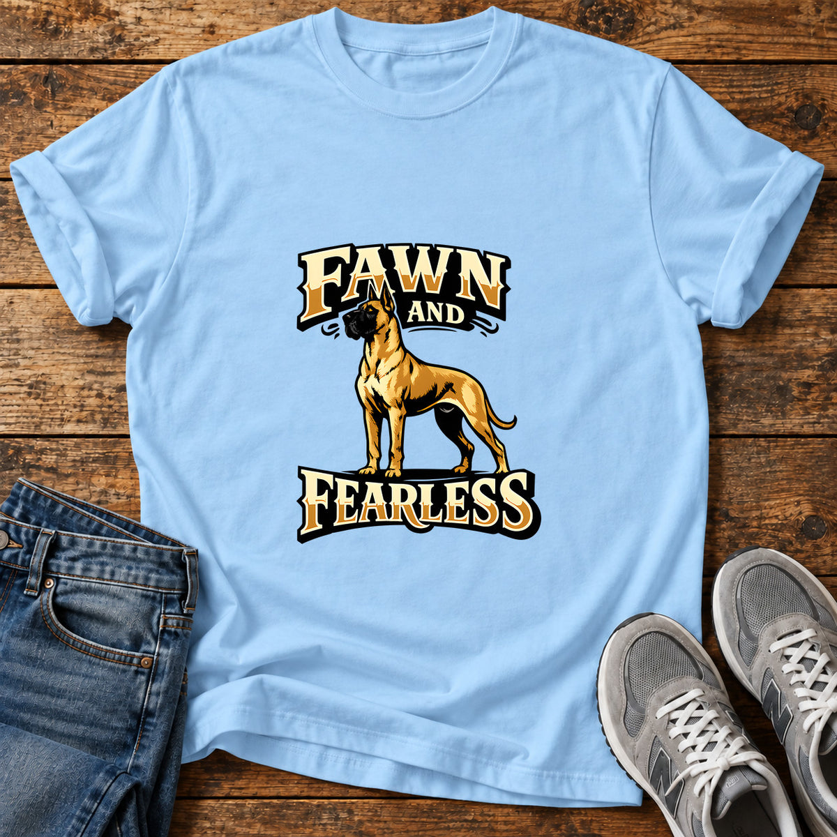 Fawn Fearless Great Dane graphic T-shirt in Light Blue, shown on a flat-lay shirt mockup