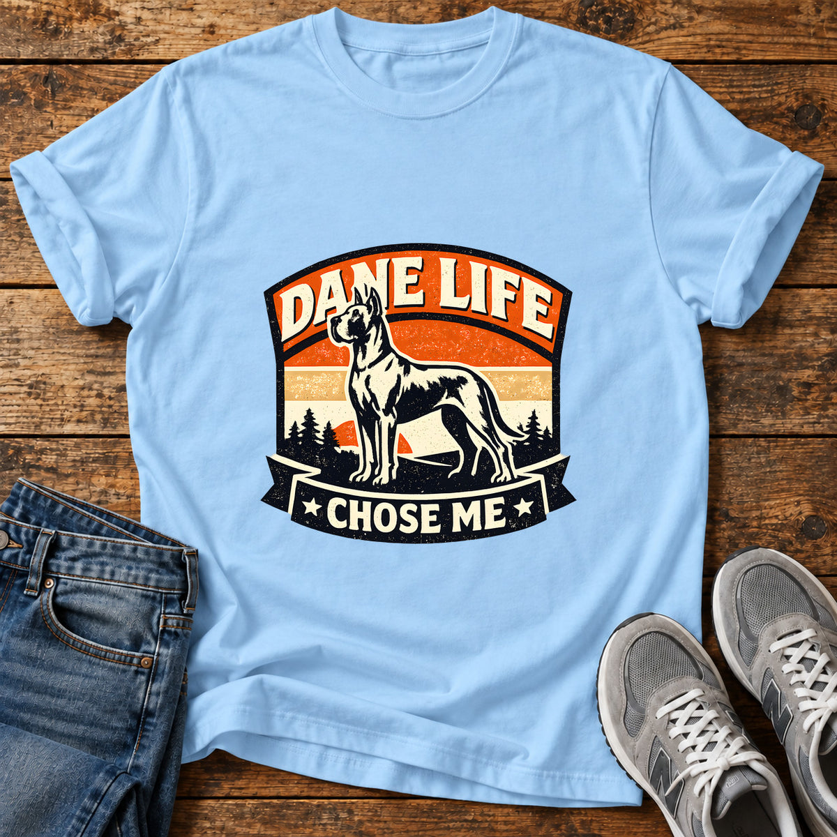 Dane Life Great Dane graphic T-shirt in Light Blue, shown on a flat-lay shirt mockup