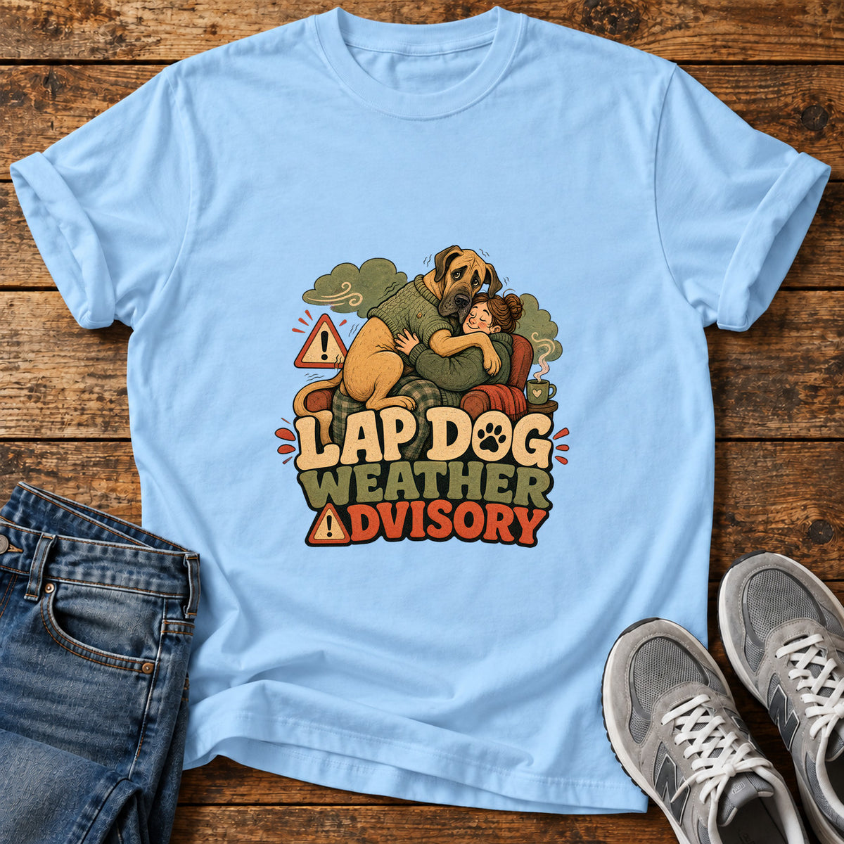 Lap Dog Advisory Great Dane graphic T-shirt in Light Blue, shown on a flat-lay shirt mockup