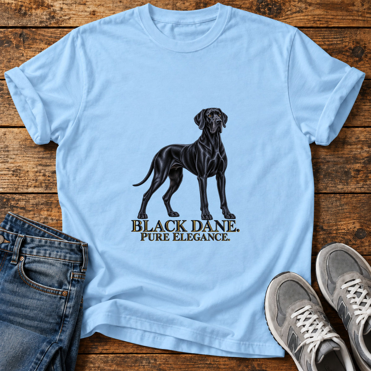 Black Dane Elegance Great Dane graphic T-shirt in Light Blue, shown on a flat-lay shirt mockup