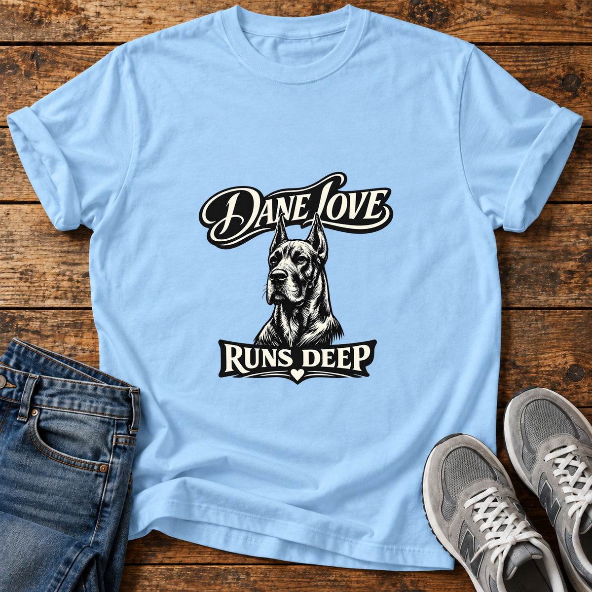 Dane Love Great Dane graphic T-shirt in Light Blue, shown on a flat-lay shirt mockup