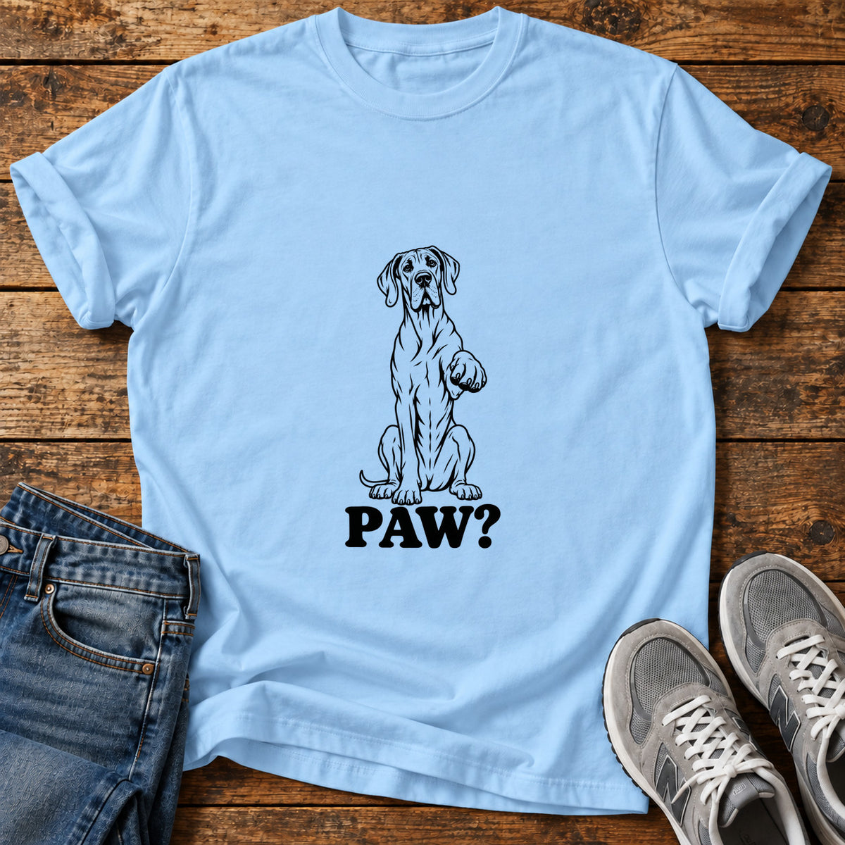 Paw Offer Great Dane graphic T-shirt in Light Blue, shown on a flat-lay shirt mockup