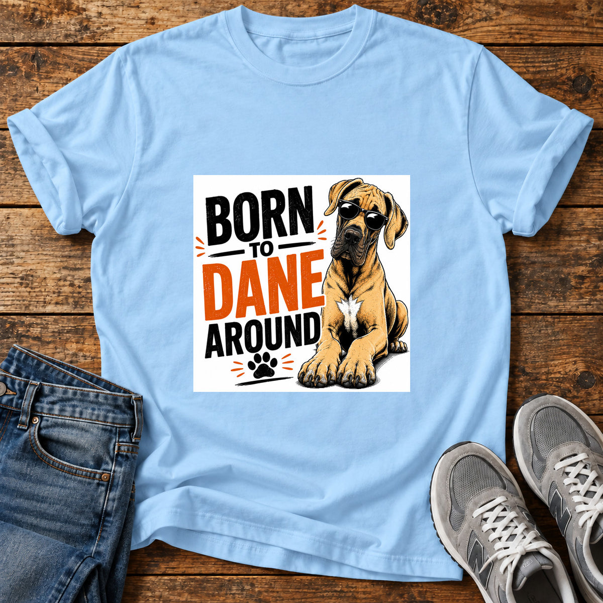 Born to Dane Great Dane graphic T-shirt in Light Blue, shown on a flat-lay shirt mockup