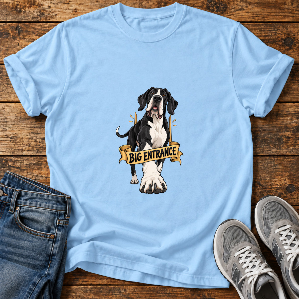 Big Entrance Great Dane graphic T-shirt in Light Blue, shown on a flat-lay shirt mockup