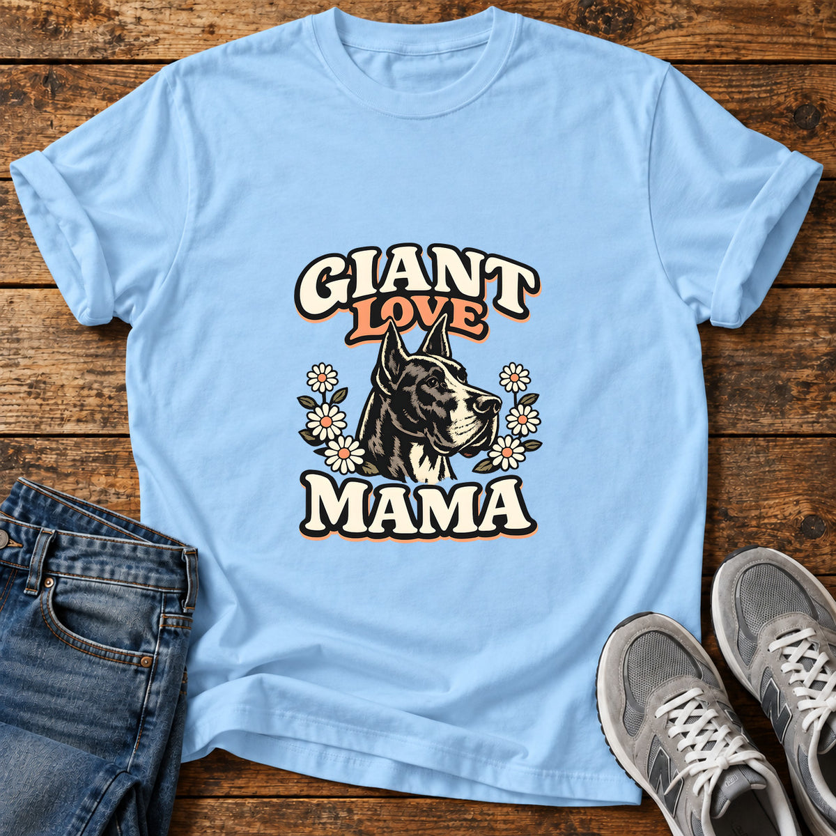 Giant Love Mama Great Dane graphic T-shirt in Light Blue, shown on a flat-lay shirt mockup