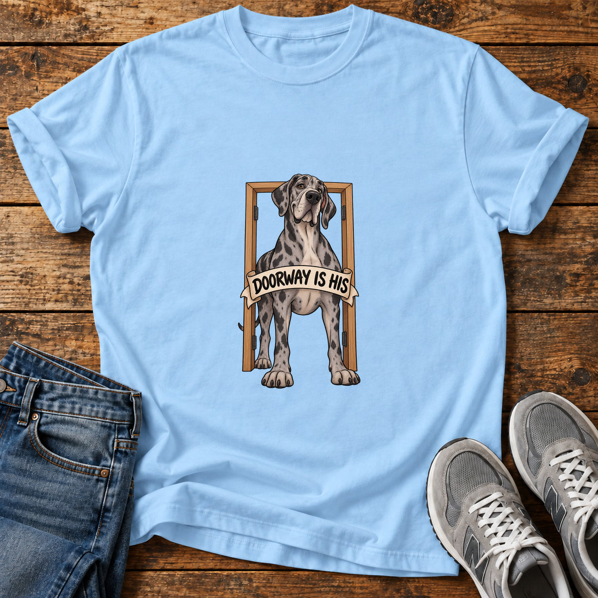 Doorway Is His Great Dane graphic T-shirt in Light Blue, shown on a flat-lay shirt mockup