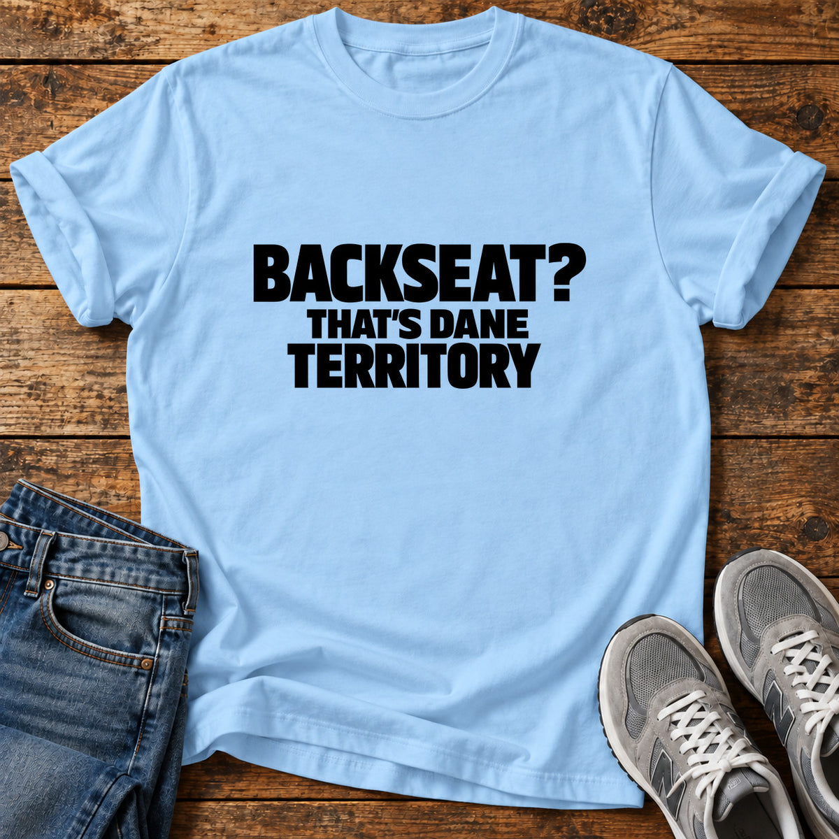 Dane Territory Great Dane graphic T-shirt in Light Blue, shown on a flat-lay shirt mockup