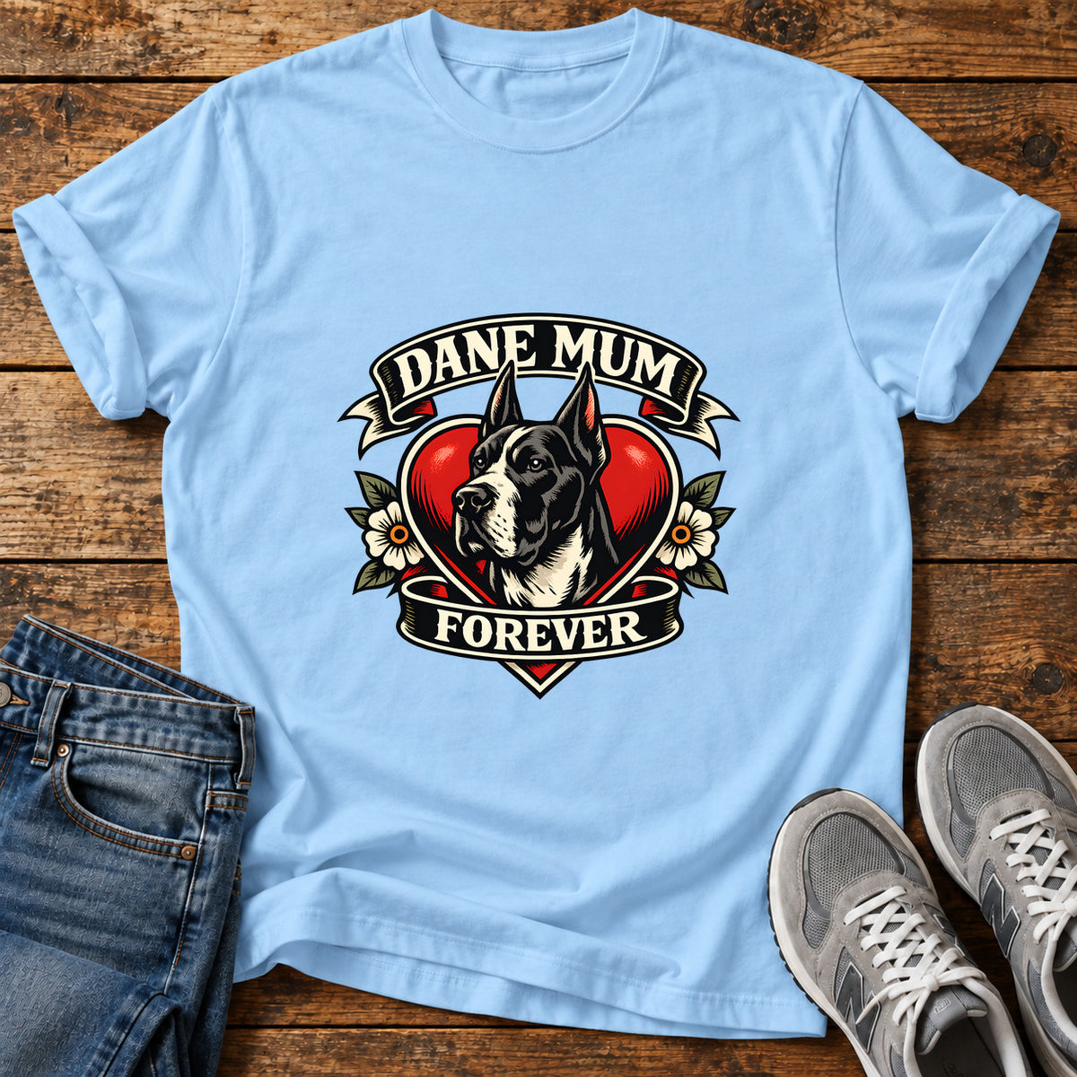 Dane Mum Forever Great Dane graphic T-shirt in Light Blue, shown on a flat-lay shirt mockup
