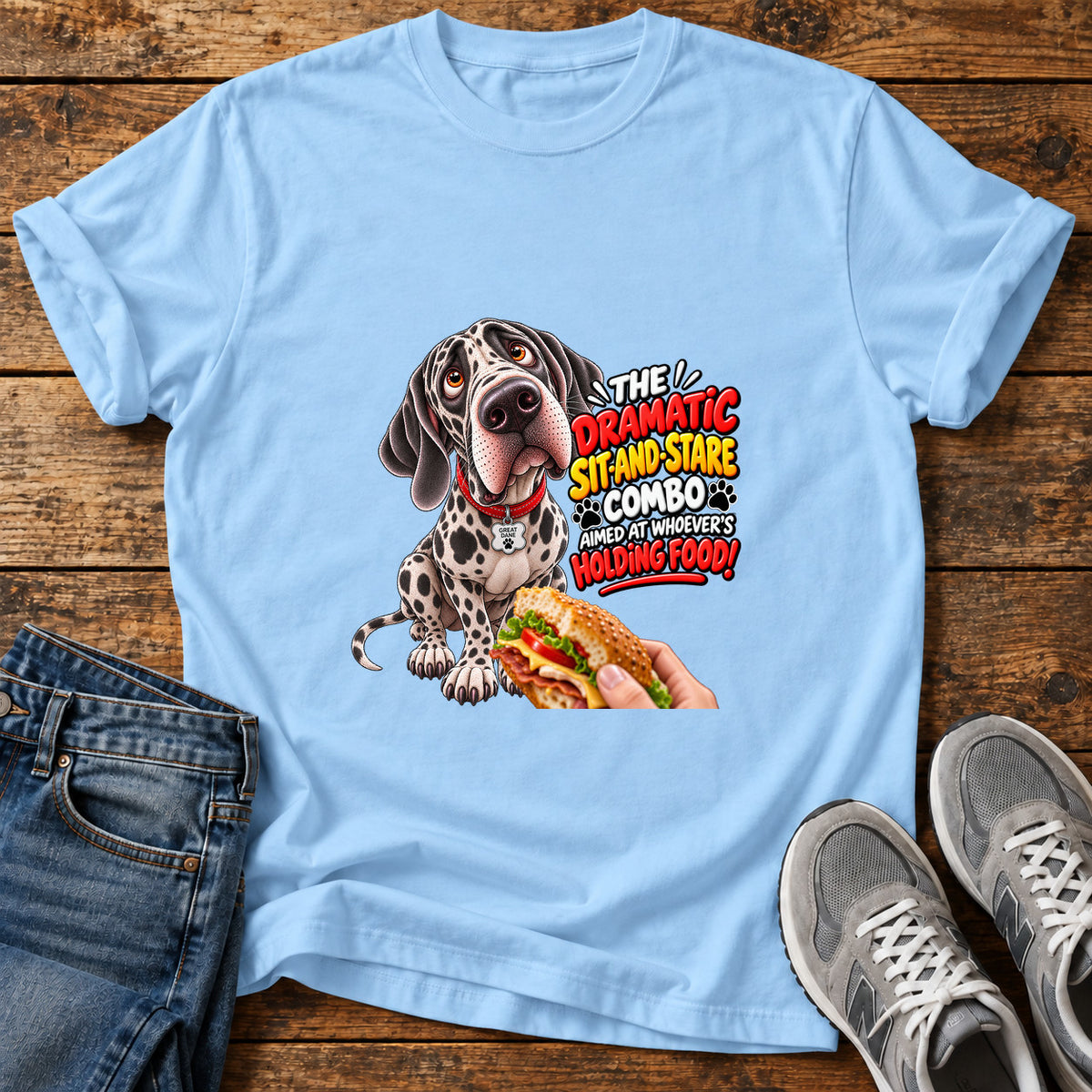 Sit-And-Stare Combo Great Dane graphic T-shirt in Light Blue, shown on a flat-lay shirt mockup