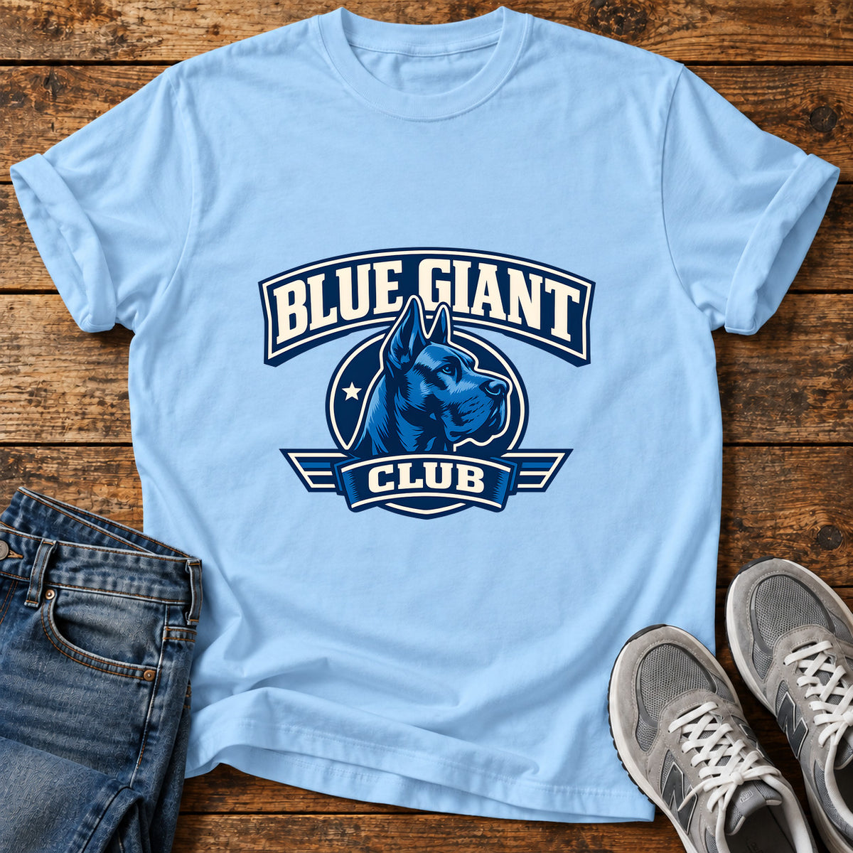 Blue Giant Club Great Dane graphic T-shirt in Light Blue, shown on a flat-lay shirt mockup