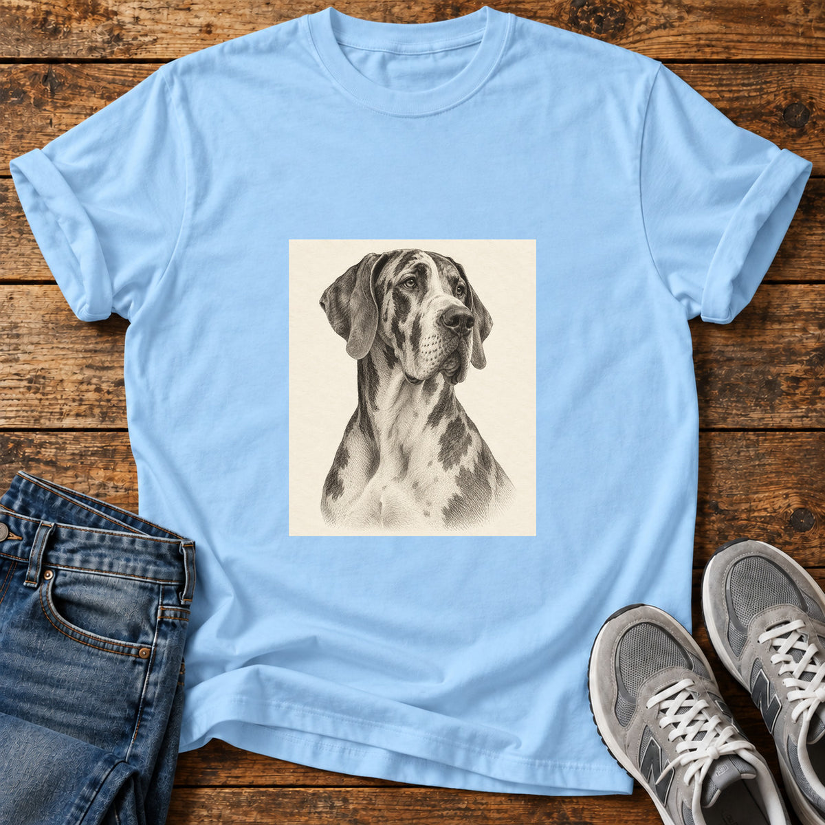 Great Dane Majesty graphic T-shirt in Light Blue, shown on a flat-lay shirt mockup