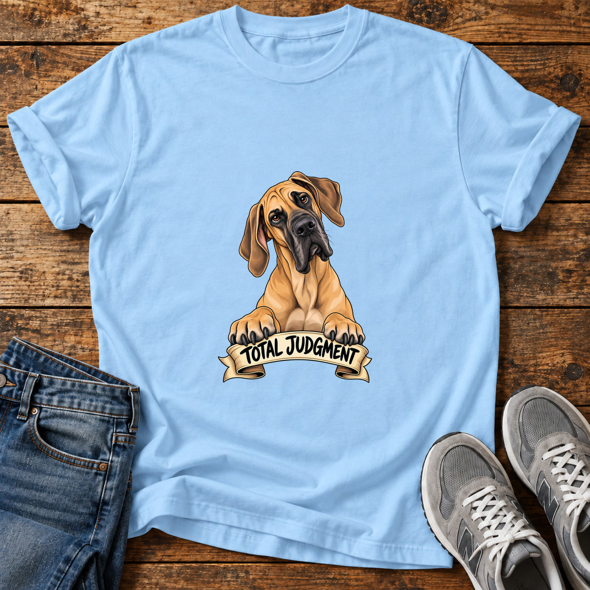 Total Judgment Great Dane graphic T-shirt in Light Blue, shown on a flat-lay shirt mockup