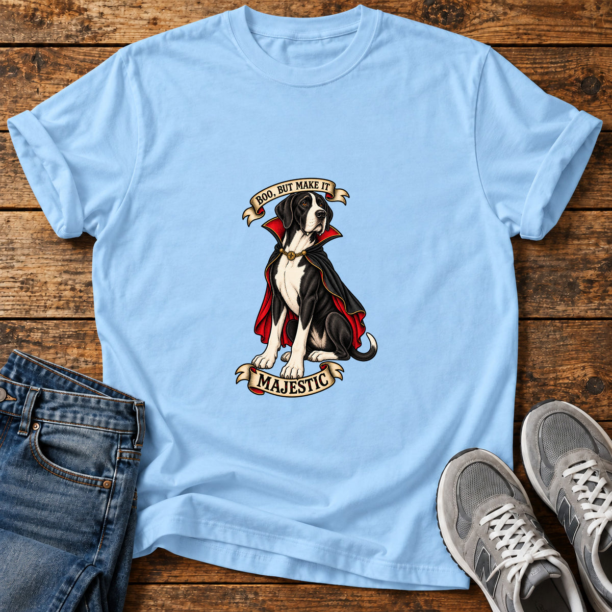 Boo Majestic Great Dane graphic T-shirt in Light Blue, shown on a flat-lay shirt mockup
