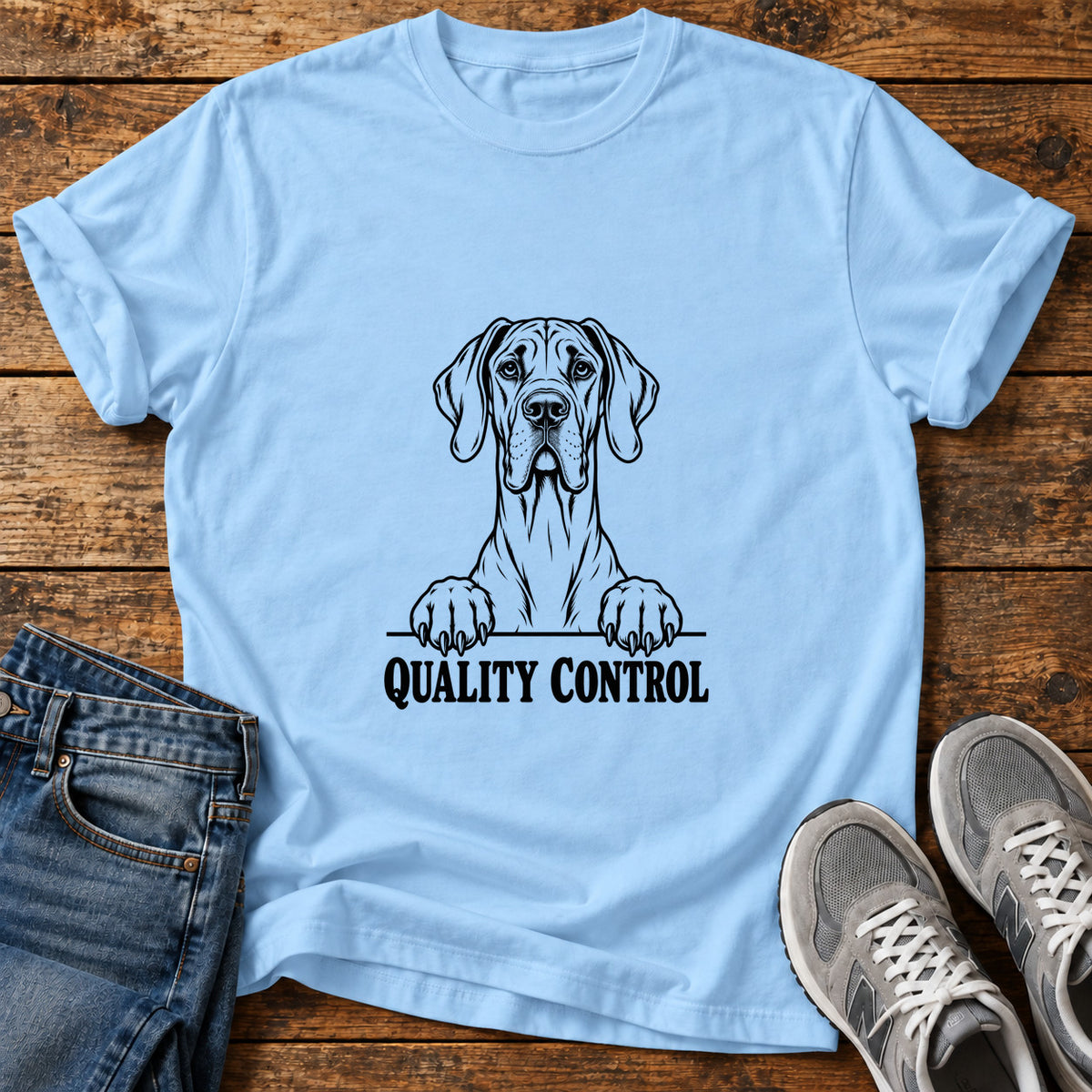 Quality Control Great Dane graphic T-shirt in Light Blue, shown on a flat-lay shirt mockup