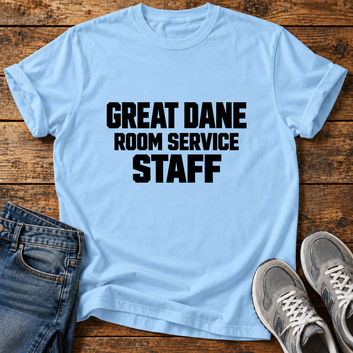Great Dane Service graphic T-shirt in Light Blue, shown on a flat-lay shirt mockup