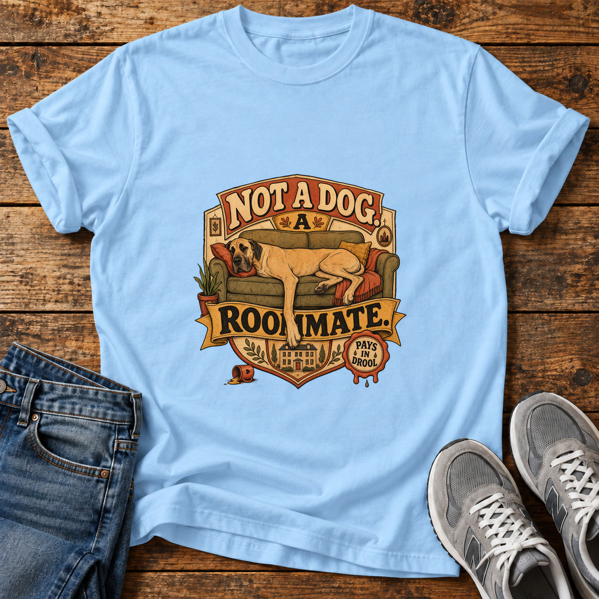 Not A Roommate Great Dane graphic T-shirt in Light Blue, shown on a flat-lay shirt mockup