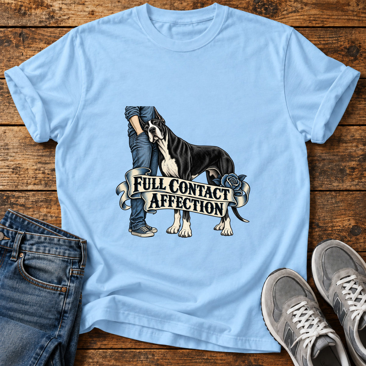 Full Contact Affection Great Dane graphic T-shirt in Light Blue, shown on a flat-lay shirt mockup