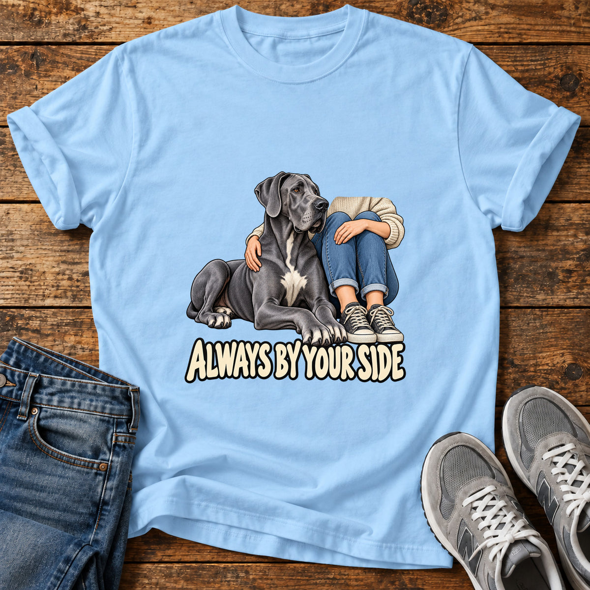 Always By Your Great Dane graphic T-shirt in Light Blue, shown on a flat-lay shirt mockup